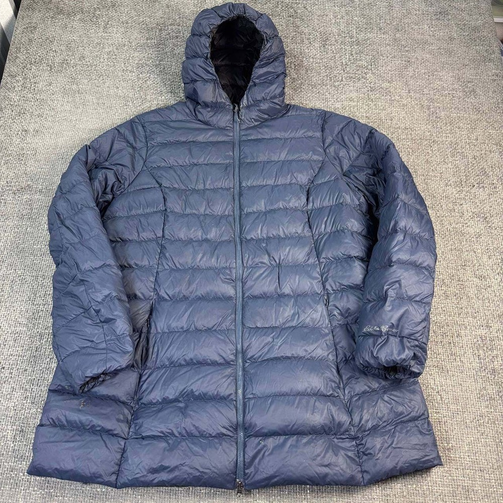 Eddie Bauer EB650 Down Puffer Jacket Womens 2XL Navy Blue Hooded Parka 1521